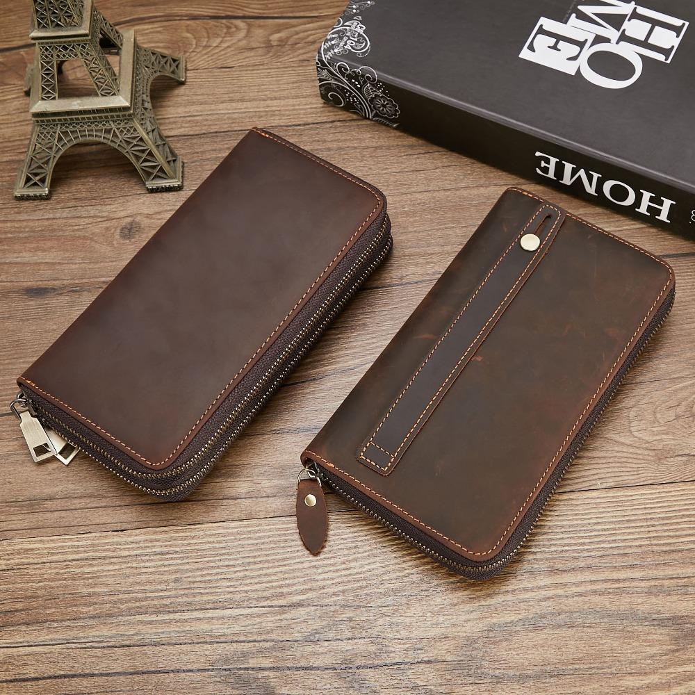 Men Genuine Crazy Horse Leather Long Wallet Vintage Zippered Phone Pocket Multi Compartment High Capacity Organizer Clutch Bag
