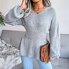 Women's Autumn/winter Lantern Sleeve Tucked Waist Hem Ruffled Knit Sweater