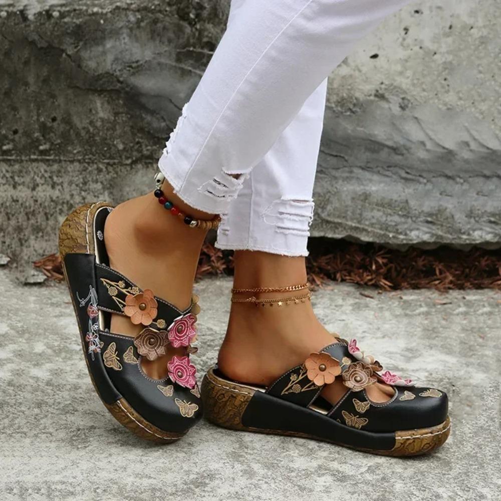 Women s Wedge Mule Shoes Flower Decor Cut-out Floral Print Slide Sandals Tribal Style Slip On Shoes 36 чёрный