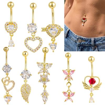 European & American Zirconia Butterfly Navel Ring with Heart Pendant