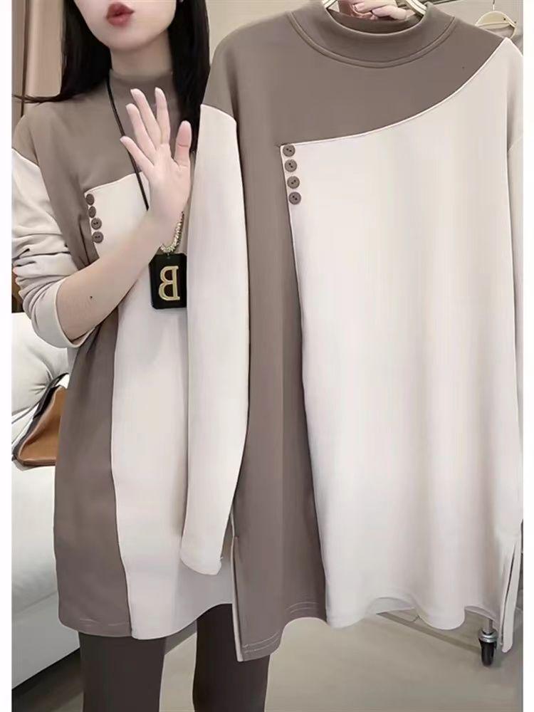 Women's Mid-Length Color Block Half-High Neck Base Layer Top - Autumn/Winter Style, Thickened Plus Velvet, Plus Size, Slimming, Stylish Design