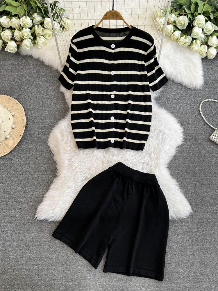 Summer Women Casual Knitted Sweater Pant Set Single Breasted Striped Tops and Shorts Chic Student Two Piece Suit