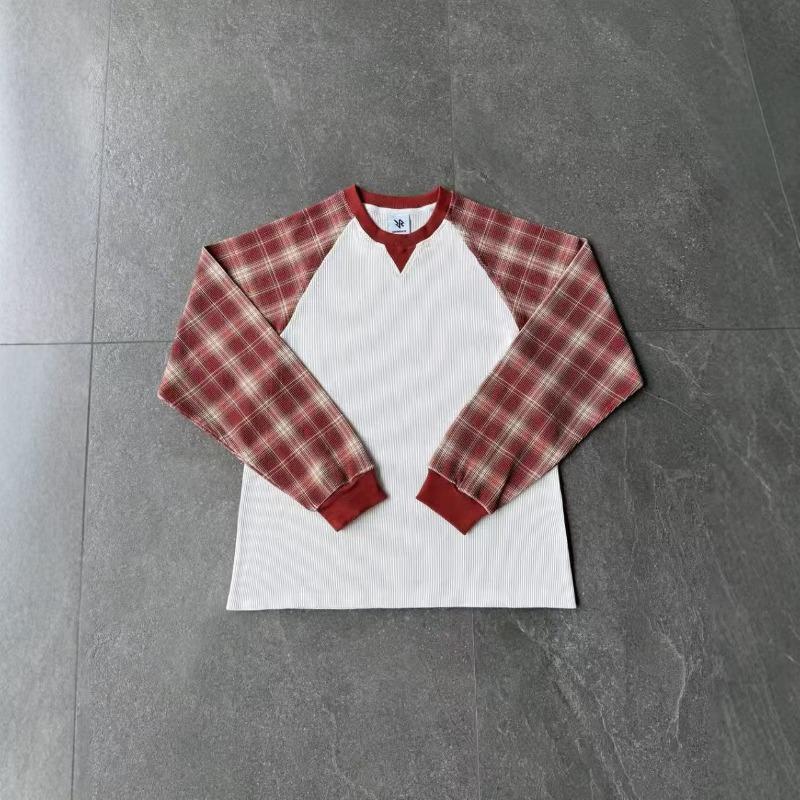 DRIPX Nuovo Top a Quadri Patchwork Waffle Autunnale con Maniche Raglan e Girocollo T-shirt Unisex Larga Retrò