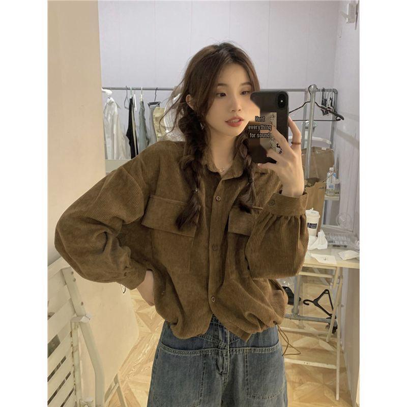 Korean Style Retro Corduroy Lapel Cardigan for Women - Spring/Autumn 2026 Trendy Design
