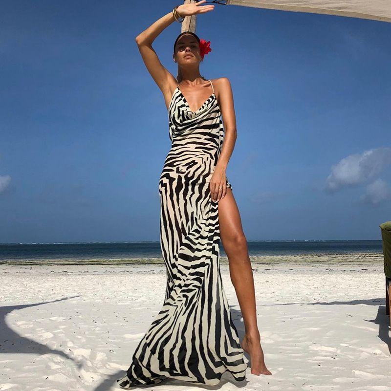

European and American Cross-Border 2025 New Women clothes Fashion Zebra Pattern High Slit Lace-up Perspective Sexy Holiday Style Dress Zebra (with headscarf) L