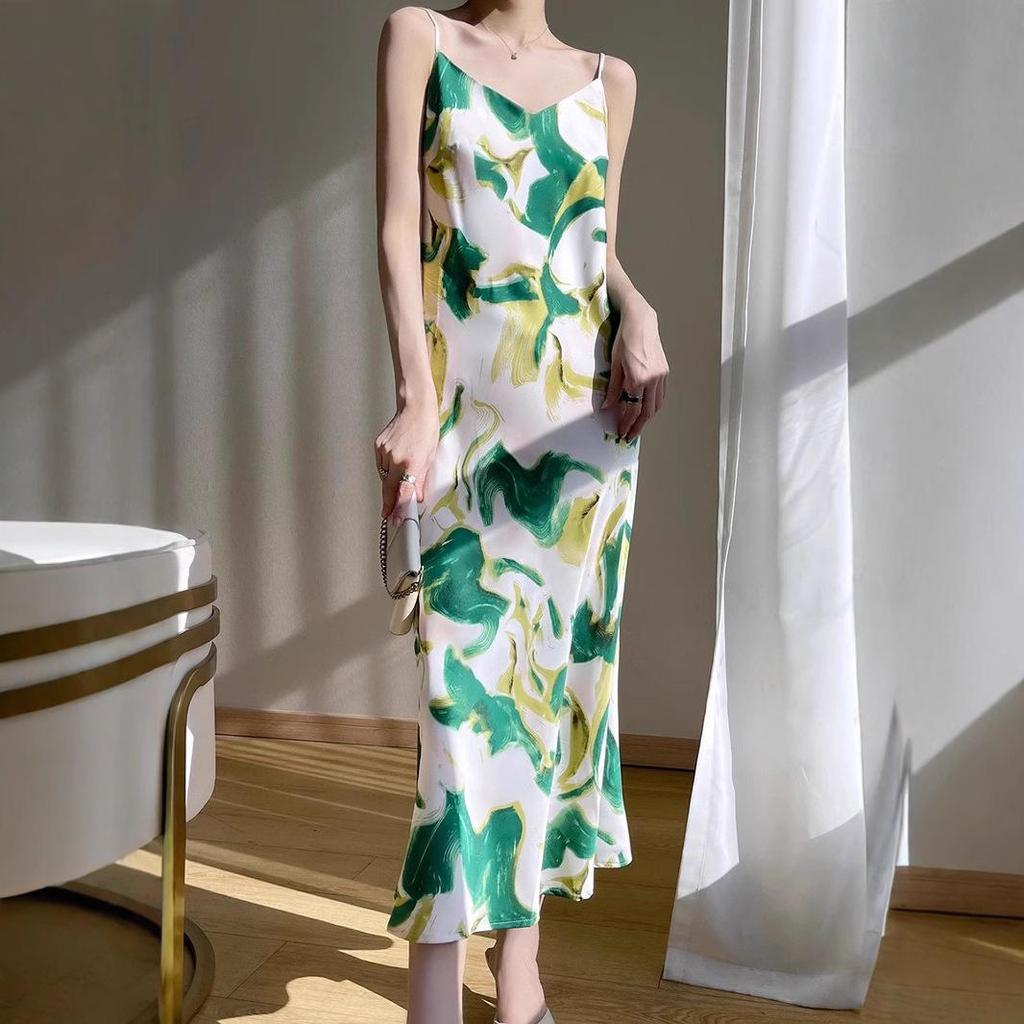 New Women's French Floral Mulberry Silk Satin V-Neck A-Line Camisole Dress - Slimming Summer Style