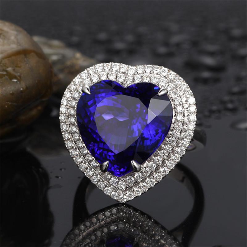 Ring Sapphire Love Heart Double-row Rhinestones