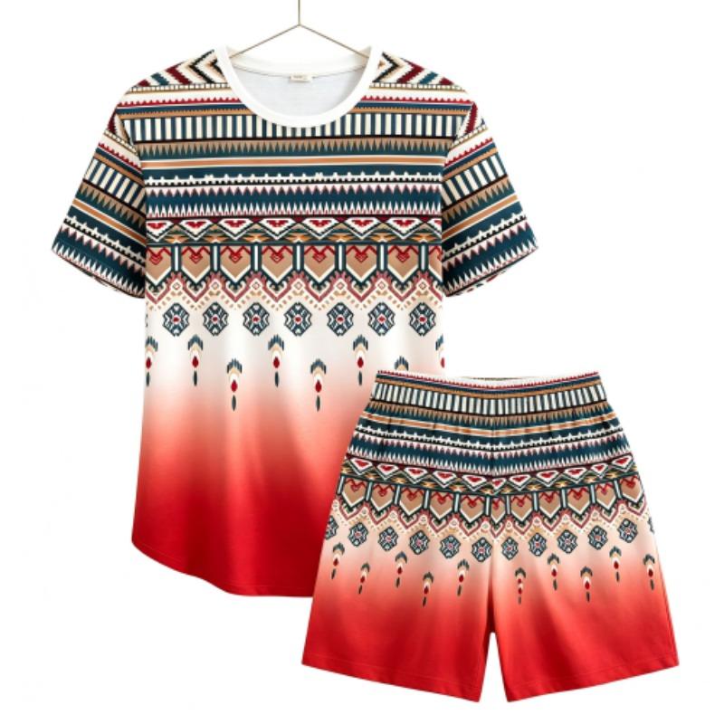 Summer Fashion Ethnic Style Geometric 3D Printed Round Neck Short Sleeved Kids T-Shirt And Shorts Set Boy's and Girl's T-shirt Shorts Set