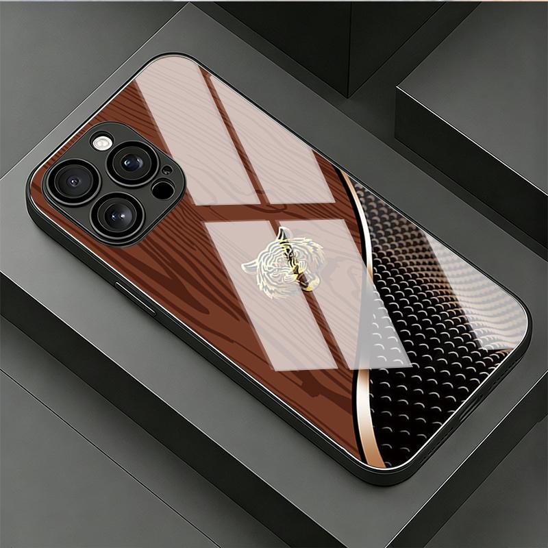 Tiger Head Wood Grain Tempered Glass Phone Case for iPhone 17 16 Pro Max 15 14 Plus 13 12 11 Pro 16E 17Air X XR XS 7 8 SE2 Cover