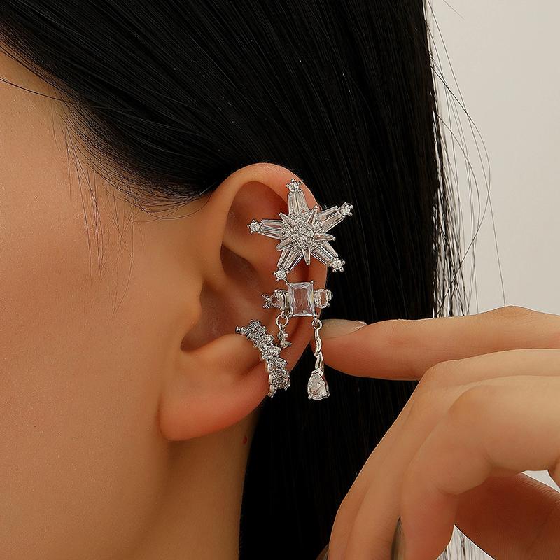 Stainless Steel Zircon Star C Shape Clip Earrings for Women Luxury Crystal Ear Cuff Without Piercing Girl Sweet 2000S Jewelry