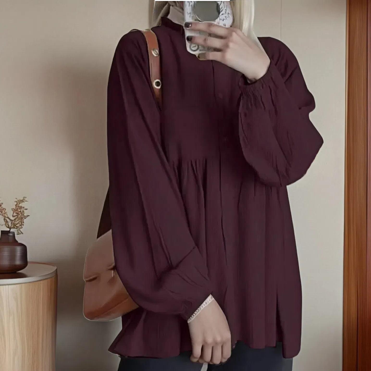 

GMXIA Женский свободный однотонный кардиган с рукавами-фонариками, оборками и круглым вырезом, однотонный топ по всей длине XXXXL темно-красного