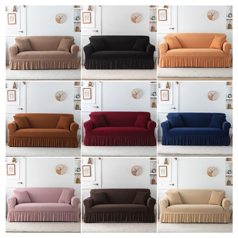 Plain Stripe Seersucker Sofa Cover Elastic Slipcover For Living Room Couch Stretchable Skirt Design