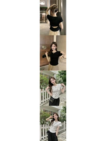 Women's Summer Slim Fit Pleated Short Sleeve T-shirt with Back Cutout