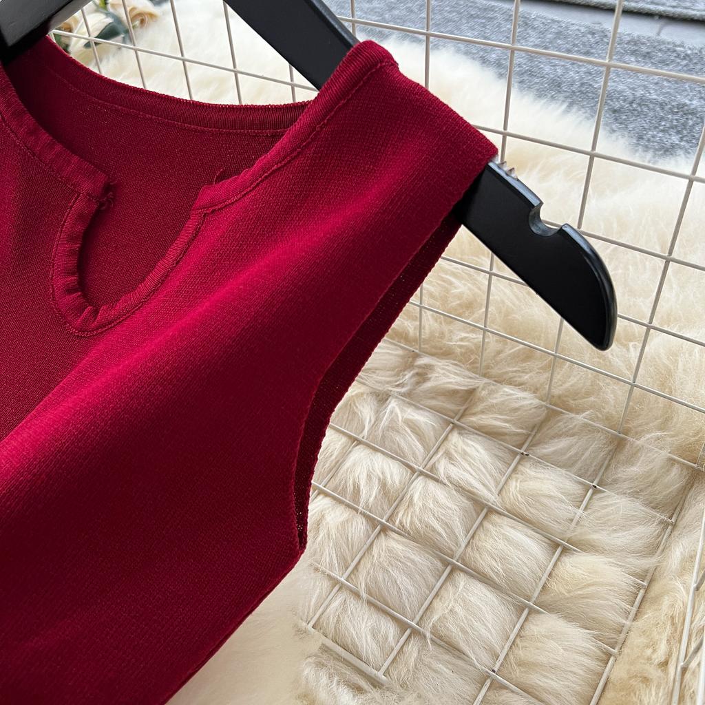 High-end Knitted Splicing Irregular Mesh Dress Women's Summer French Waist and Thin Temperament Sleeveless Long Dress