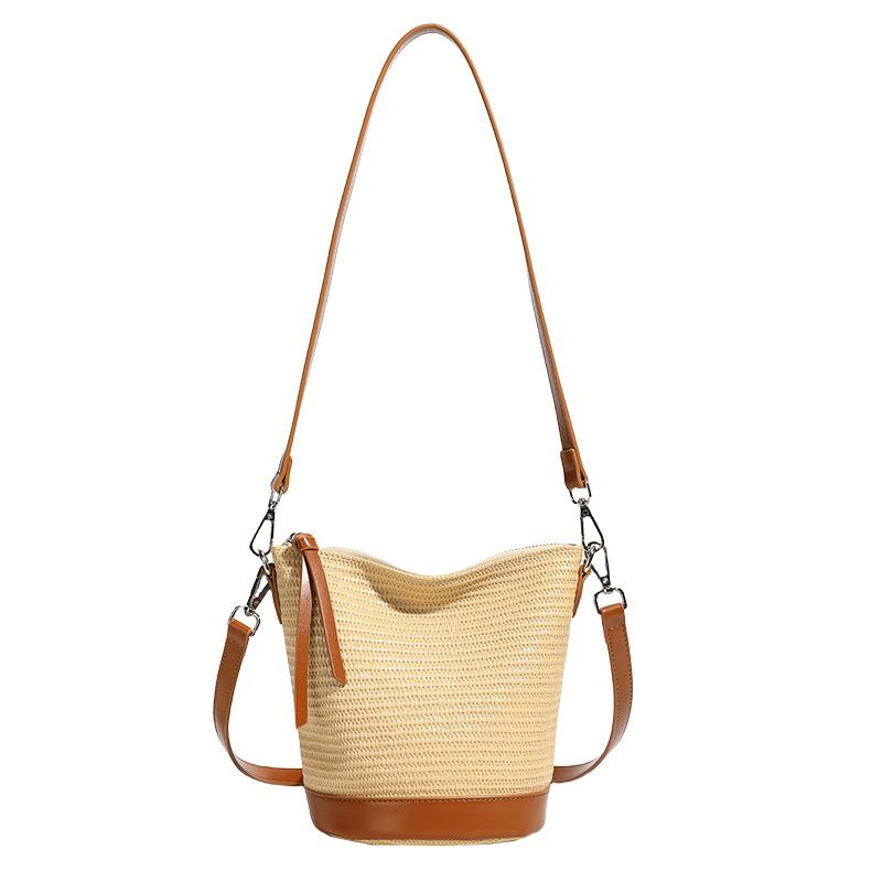 Trend Large-capacity Straw Bucket Bag Women's 2025 New Splicing Versatile Woven Seaside Vacation Shoulder Messenger Bag