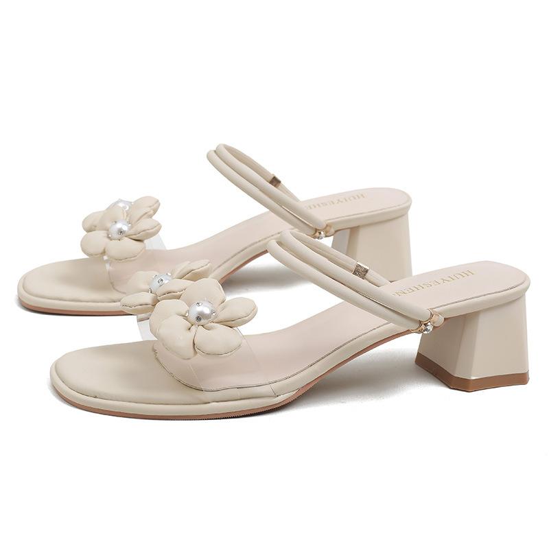 

Fashion flower decoration transparent sandals women narrow band ankle strap gladiator sandalias mujer med-high heels slides big size 43 38 абрикосовый