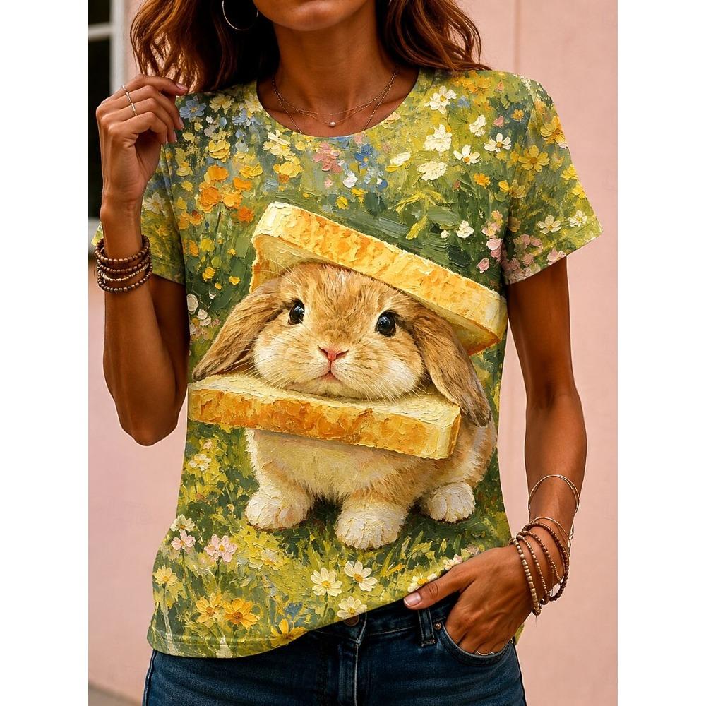 Women's Spring Summer 3D Printed Crew Neck T Shirt, Blue Sky Flower Fence Lazy White Cat Watercolor Print Casual Holiday