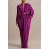 Women's Solid Deep V-Neck Batwing Sleeve Loose Slit Pleated Dress, Sexy Casual European American Style Fall Dress