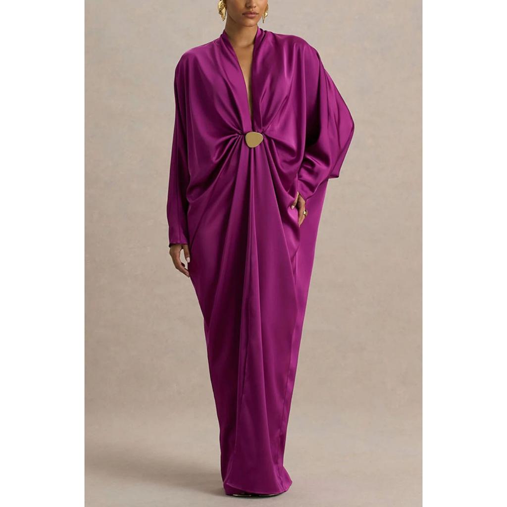 Women's Solid Deep V-Neck Batwing Sleeve Loose Slit Pleated Dress, Sexy Casual European American Style Fall Dress