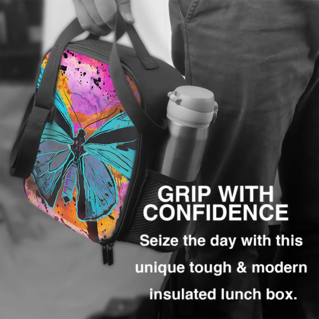 Oil Painting Blue Butterfly Insulated Thermal Lunch Bags for Boys Girls Washable Tote Lunch Food Container for School Travel
