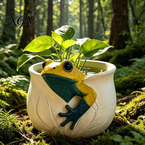 Sturdy One Piece Resin Pot for Greenery 3D Frog Planter, Cute Animal Plant with Leaf Vein Pastoral Style Container Tabletop Textures, Decorative