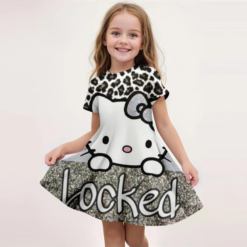Popula Children's New Fashion Kawaii Girl Dress Cartoon Cute Hello Kitty 3D Printed Princess Dress Short Dress