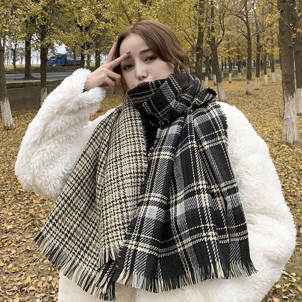 Winter Double-Sided Houndstooth Ins Style Plaid Wrap Neckerchief Christmas Muffler Women Scarf