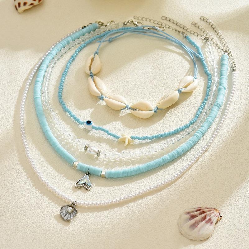 Blue Beaded Necklace, Jewelry, Summer Fashion, Shell Design, High-end Items