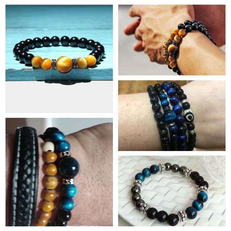 Bracelets en pierre naturelle pour hommes, bleu Royal, œil de tigre, énergie saine, mode, breloque CZ, perles d'onyx noir