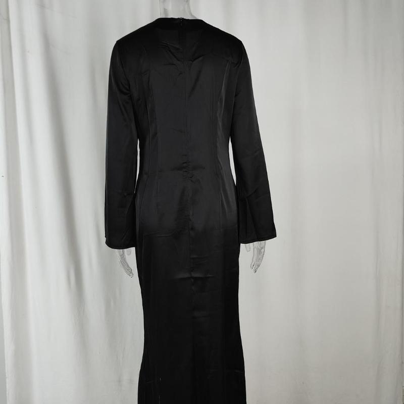 Evropské a americké podzimní dámské elegantní jednobarevné šaty slim fit s kulatým výstřihem a dlouhým rukávem s temperamentem