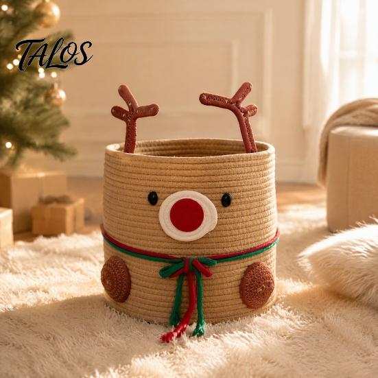 Sturdy Woven Container for Living Room Cute Reindeer Cotton Rope Storage Box, Large Capacity Soft Multi Purpose Box Fabric Basket, Decorative Sundries