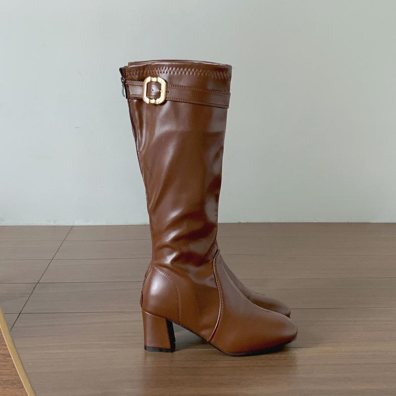 Luxury Women Boots Fashion Square Toe Thick Heel Long Booties Belt Buckle Design Boots Stretch Slim Boots Quality Leather Botas