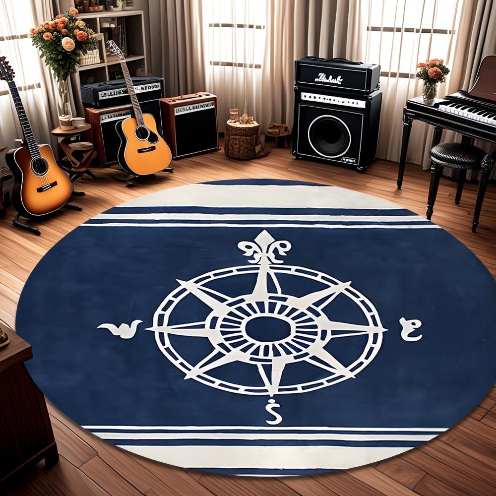 Nautical Anchor Round Rug Rope Border Coastal Modern Home Decor Circle Carpet Soft Non-Slip Floor Mat for Living Room Bedroom