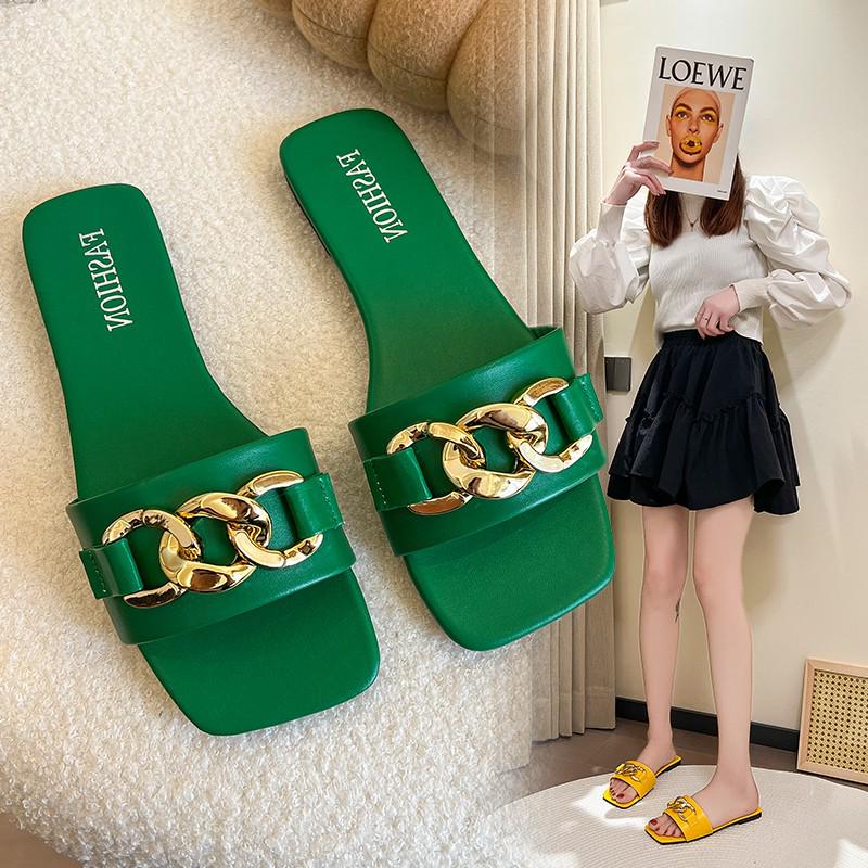 2025 Sommer Damen Quadratische Zehenpartie Flache Sohle Kettenschleife Sandalen, Koreanischer Stil, Große Größen, Lässige Einzelriemen
