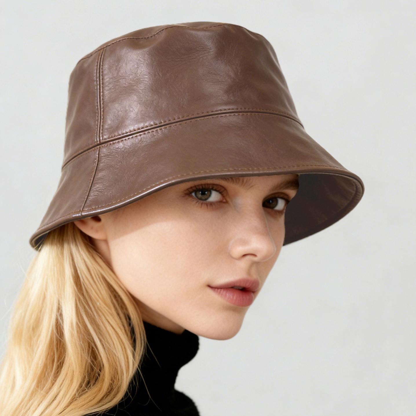 

Vintage Fashion Solid Color PU Fisherman Hat, Classic Versatile Flat Top Bucket Hat, Suitable for Daily Commute Outdoor Wear One Size