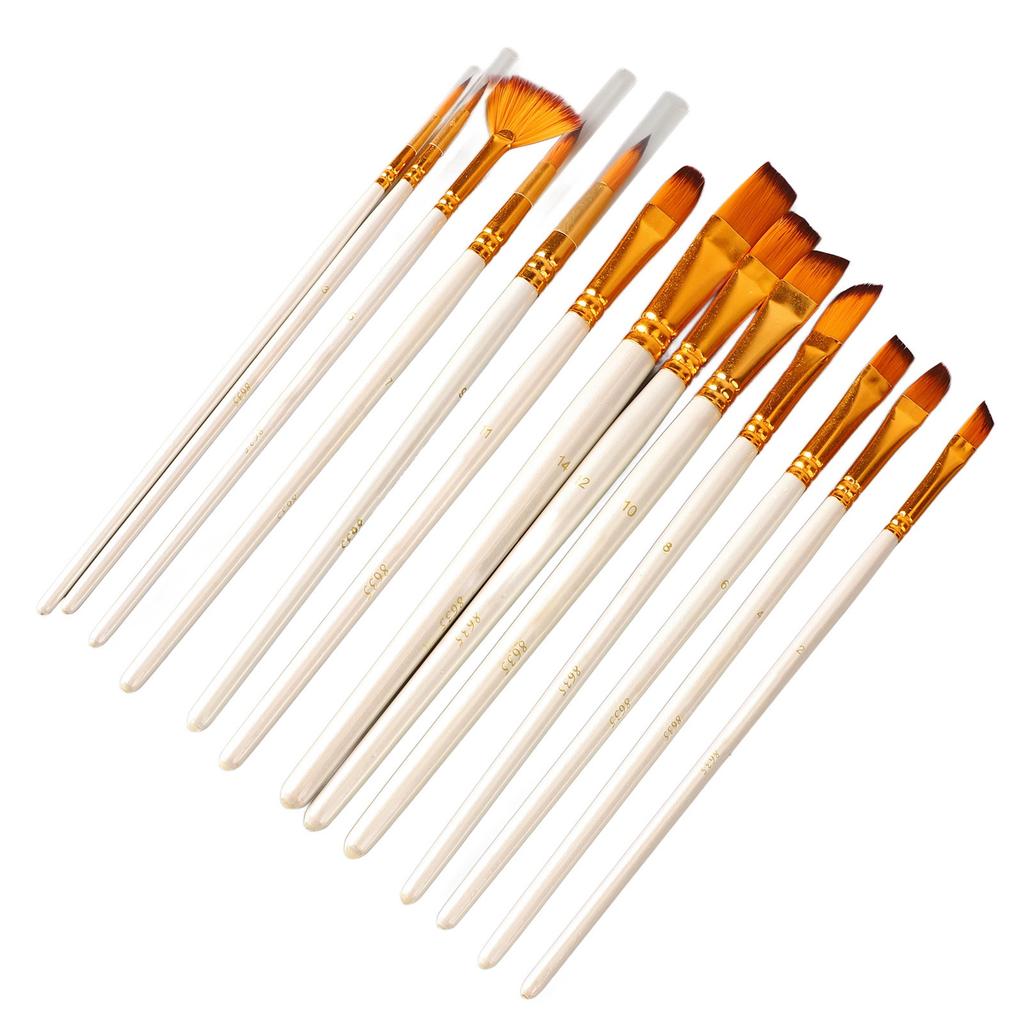 13PCS Artist Paint Brush Set Pearl White Bicolor Nylon Bristles Long Handle Oil Acrylic Paint Brush Watercolor Brush Set