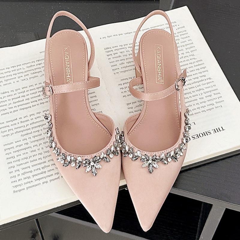 High Quality Rhinestone Pointed Toe High Heel Sandals Women Buckle Back Strap Hoof Heel Designer Shoes Fashion Classy Dress Shoe