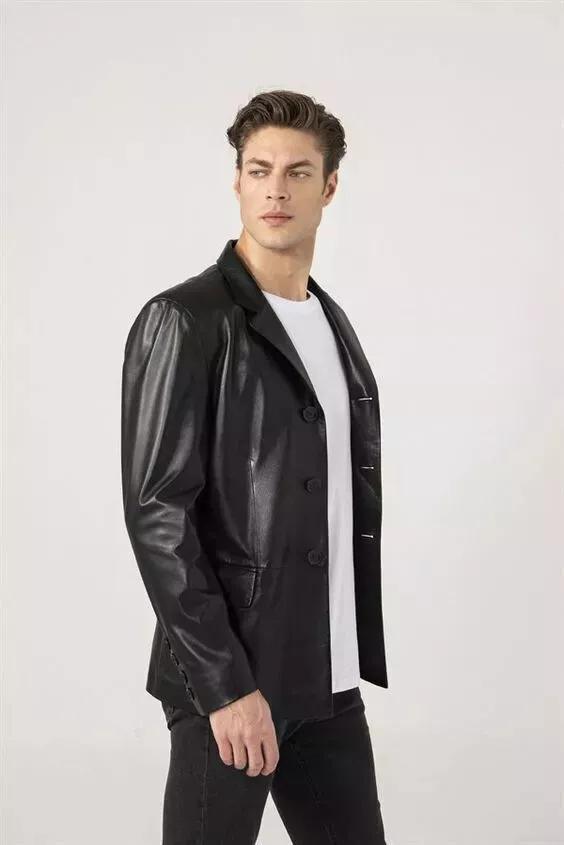 Business Formal Lambskin Hot Handmade Genuine Leather Stylish Black Men Blazer