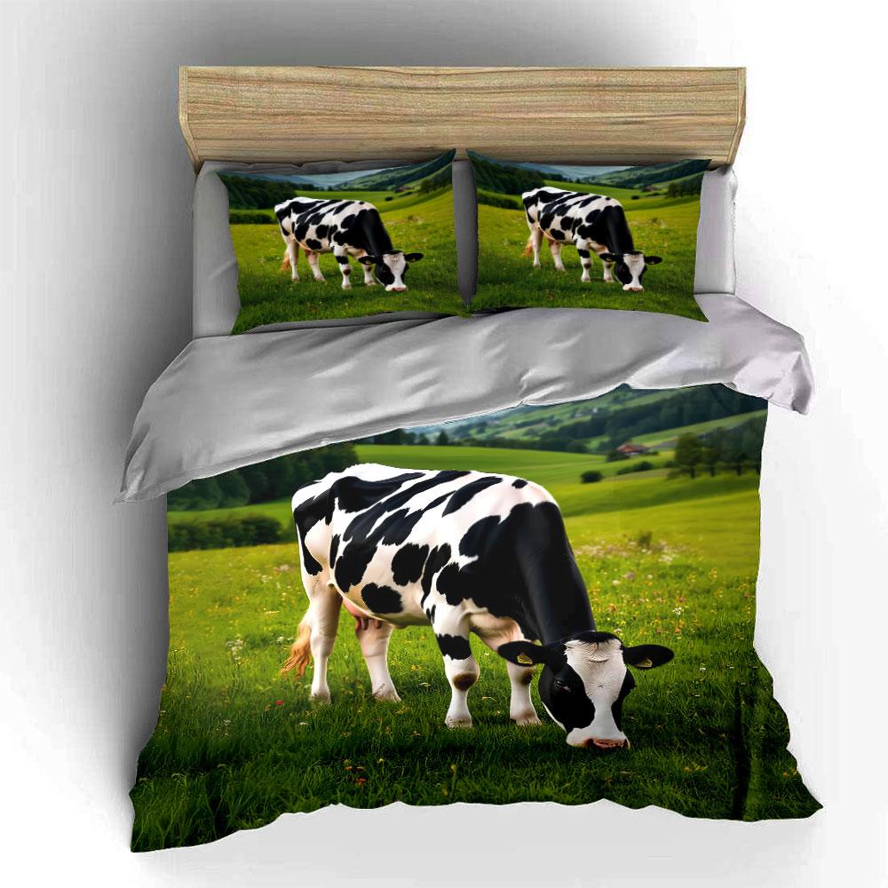 Black and White Cow on Meadow Bedding Duvet Cover Set Duvet Cover Pillowcases (1*Duvet Cover 2*Pillowcases, without duvet insert)