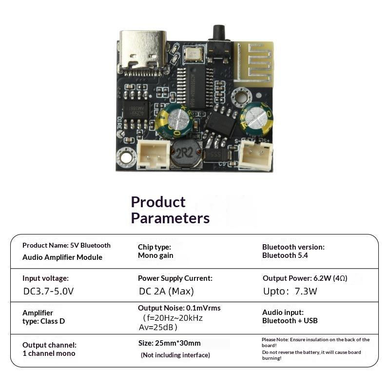 Mono Audio Amplifier Module Bluetooth 5.4 5V USB Powered 6.2W Class D Amp Board for Small Sound System Build