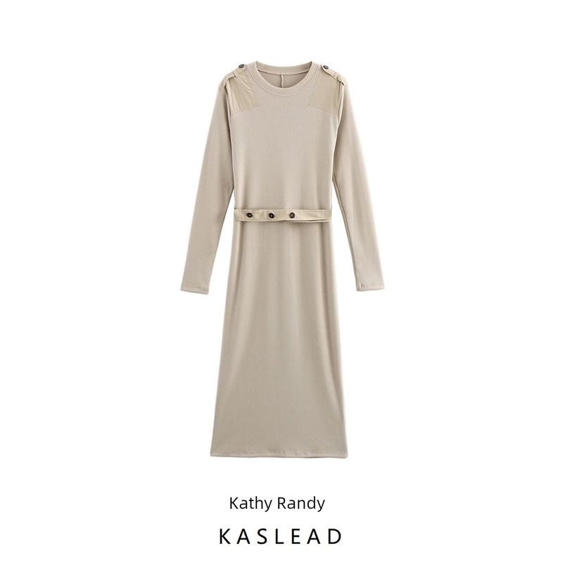 Kaslead New Arrival Women's Clothing Fashion Style with Belt Rib Long Sleeves Round Neck Midi Skirt Dress 5644990