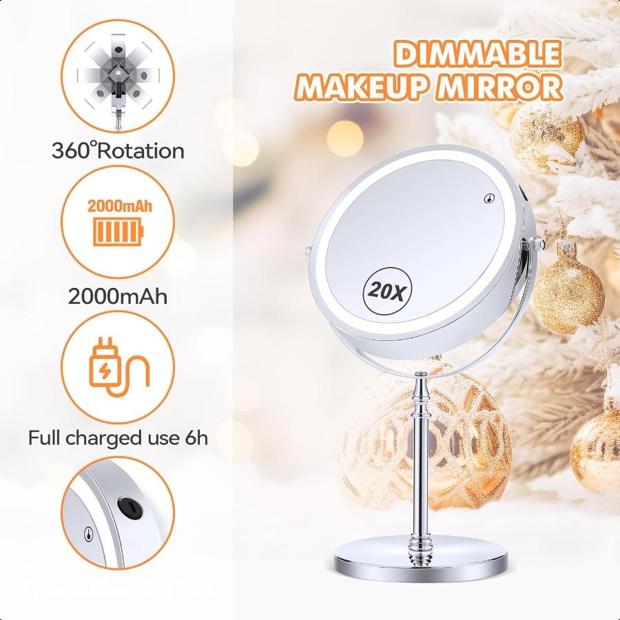 Lighted Makeup Mirror 20X Magnifying Mirror with Light Double Sided Makeup Mirror with 20X 1X Magnification 360Rotation 3 Color