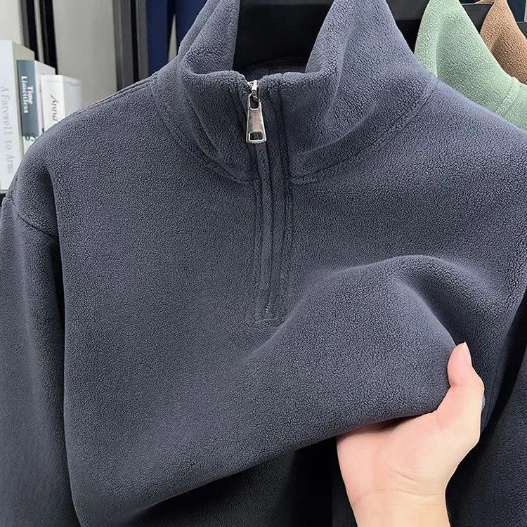 Herren Uni-Farbe Stehkragen Fleece Hoodie, Herbst/Winter 2025 Warm Langarm Halbreißverschluss Oberteil