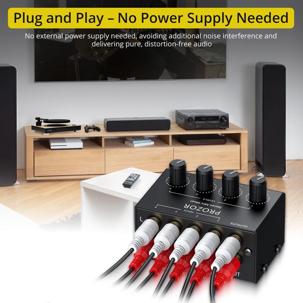 PROZOR Stereo Audio Mixer 4 Channel RCA Interface 4 Input 1 Output Mini Stereo Sound Mixer Passive Stereo Mixer Metal Shell Japanese Instruction