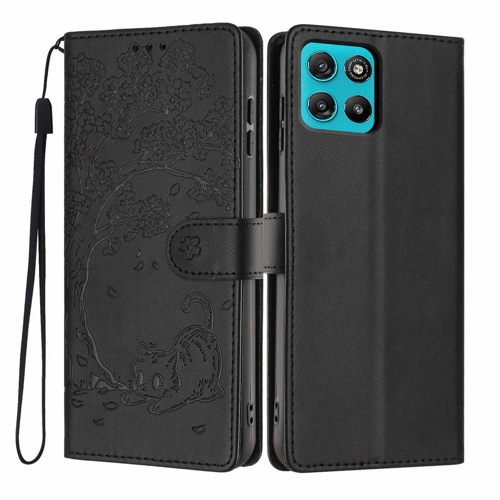 For Motorola Moto G67 Power 5G/G57 Power 5G Stand Case Tree-and-Cat Pattern PU Leather Wallet Protective Phone Cover with Wrist Strap