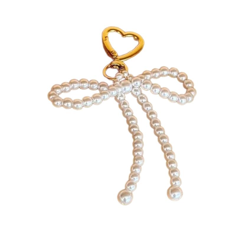 Pearl Bowknot Charm Heart Keychains Sweet Cute Pendant Ornament Keyring Backpack Decoration Jewelry for Women Girls