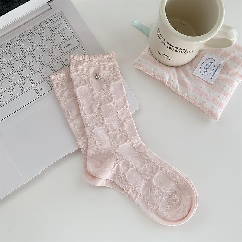 Female Spring and Autumn Cartoon Cute Pendant Relief Dark Flower Lace Tube Pile of Cotton Socks