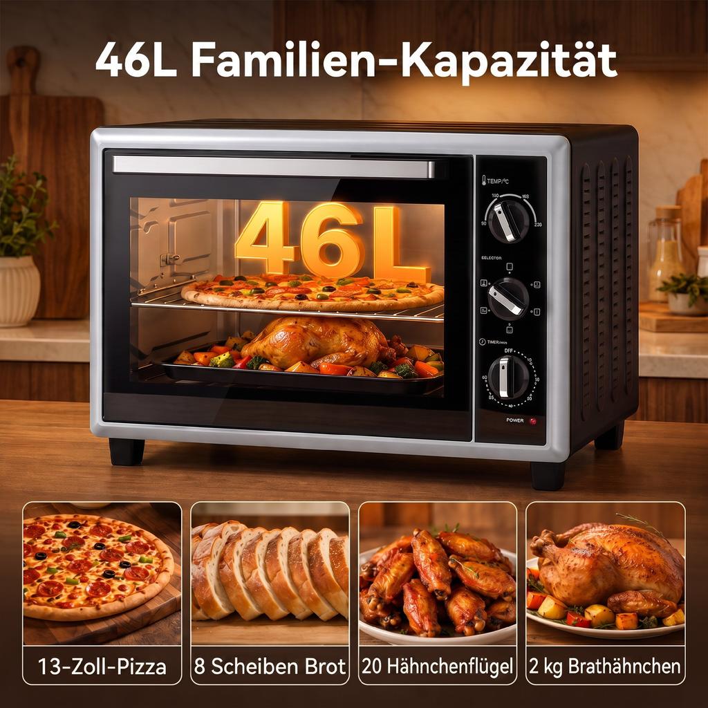 46 L Mini Oven with Rotisserie, Convection, Temperature Control and Timer, 1800 W, Black