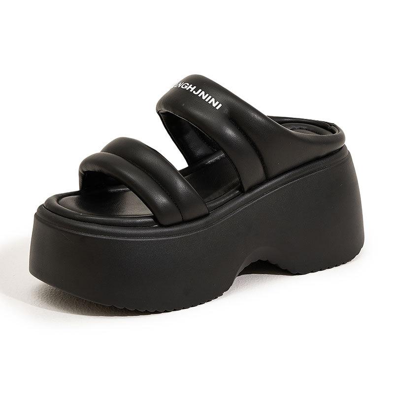 

Женские летние модные сандалии на платформе, новая европейская станция, маффин, модные, универсальные, увеличивающие рост, крутые шлепанцы 34 чёрный