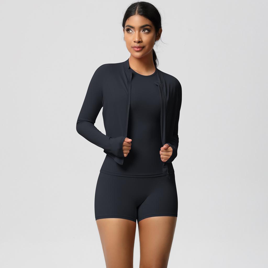 Naked Cardigan Jacket Round Neck Short Sleeved Three Piece Casual Yoga Running Fitness Suit Set For Women